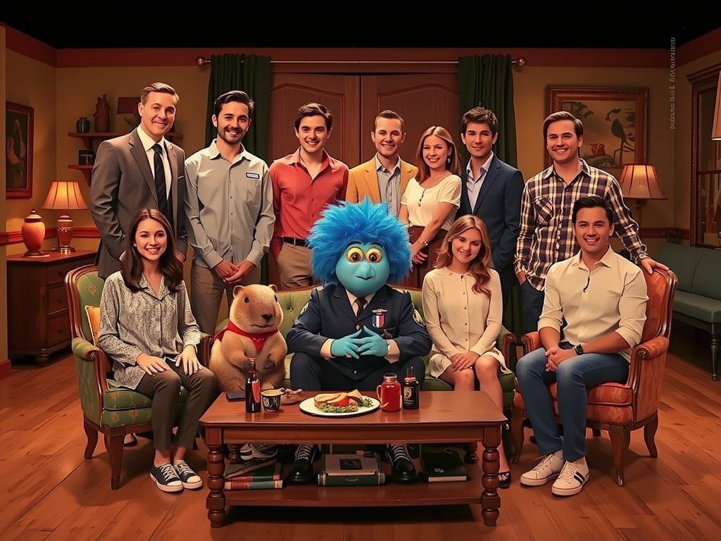 Friends Gather in Vibrant Cartoon-Inspired Scene