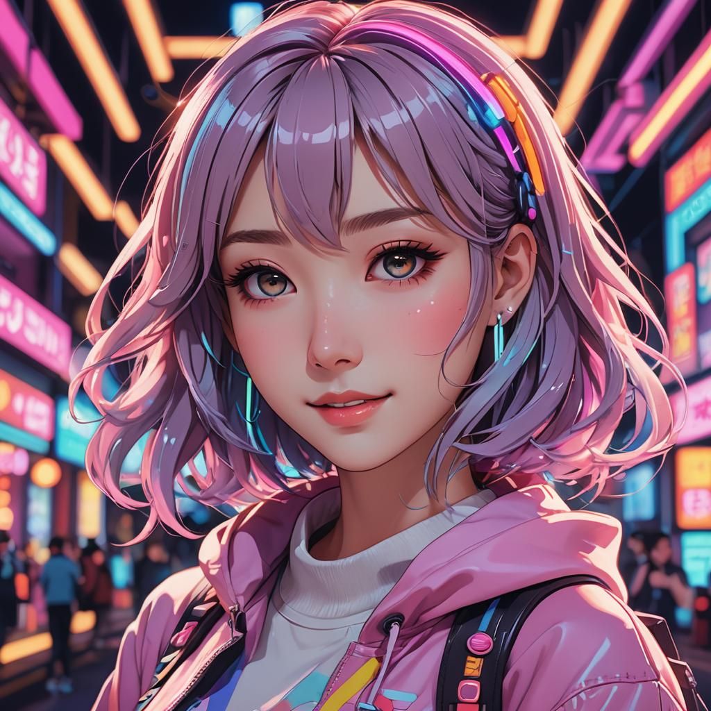 Kawaii Anime Girl Posing in Neon Lights