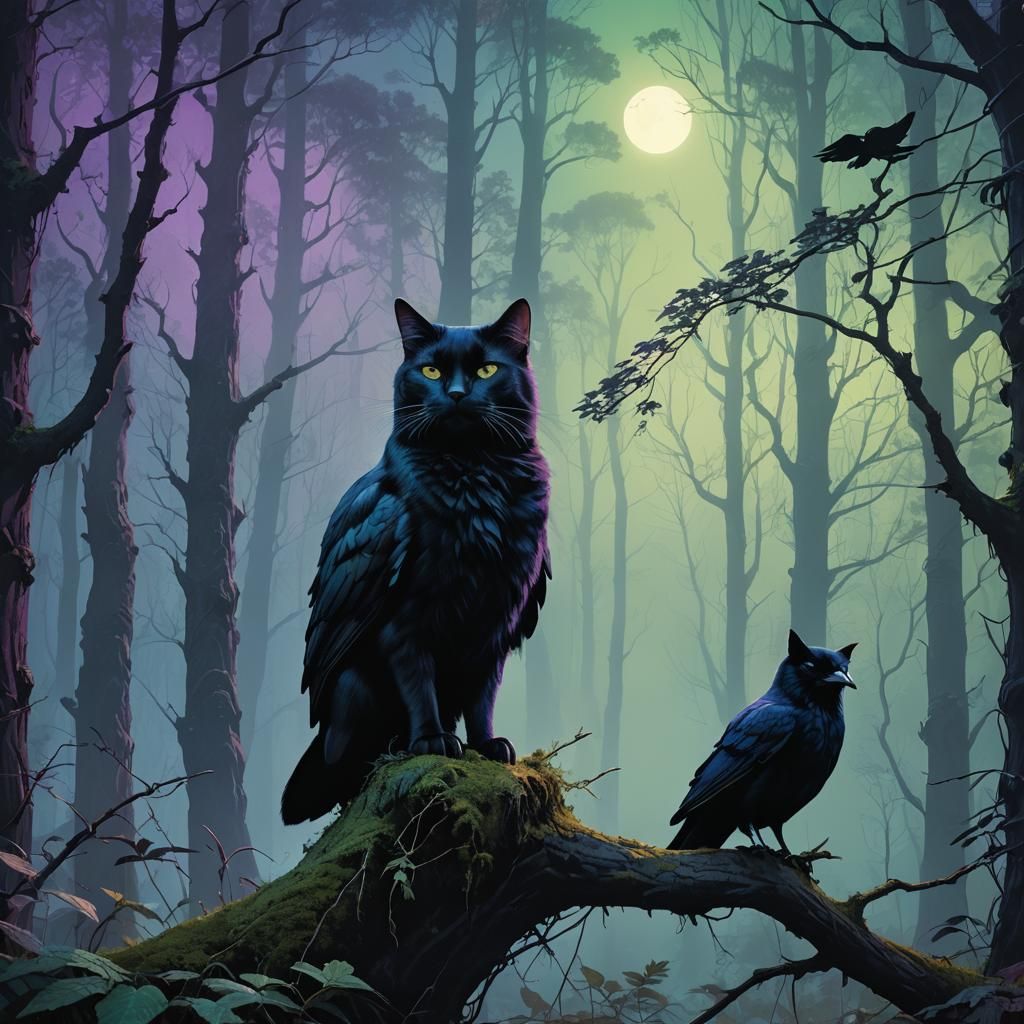 Mystical Forest: Raven Perched on Giant Black Cat