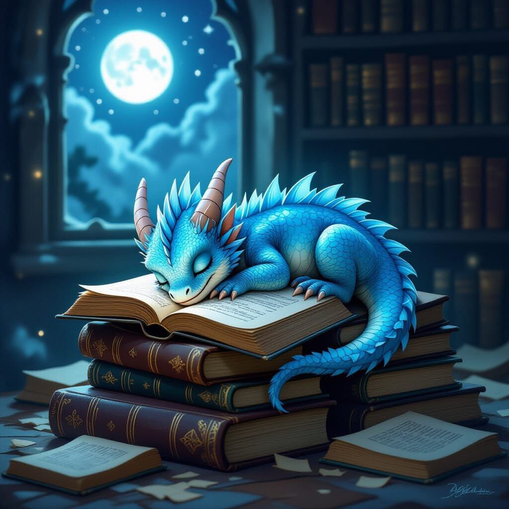 Baby Dragon Asleep on Ancient Books by Moonlight