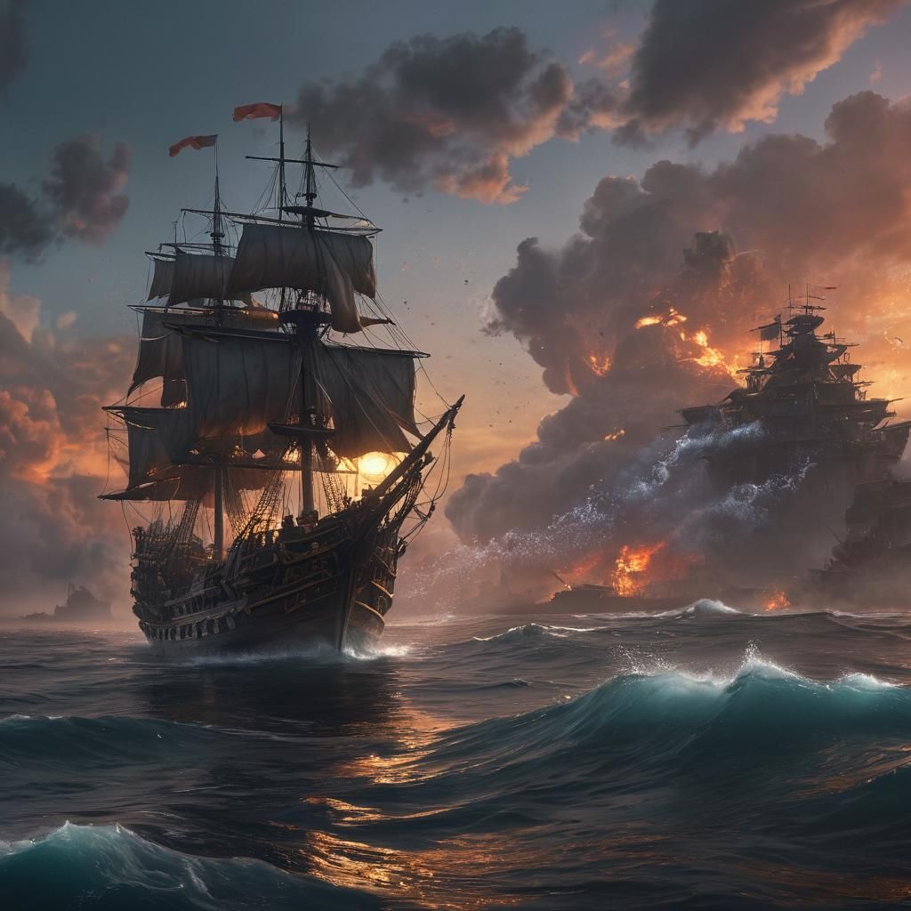 Pirate Ship Battle at Sunset: Epic Fantasy Art