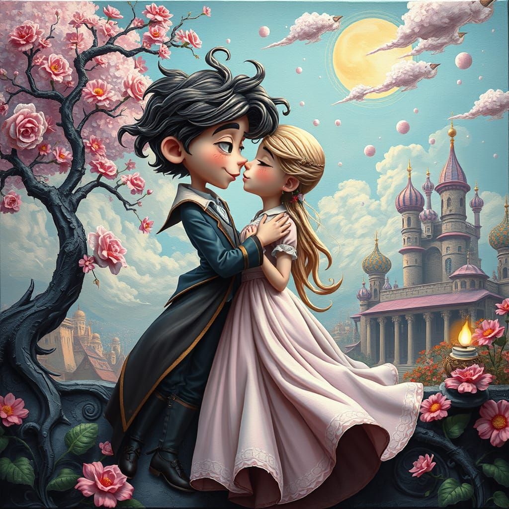 Surreal Romeo and Juliet in Whimsical 3D Cartoon Style