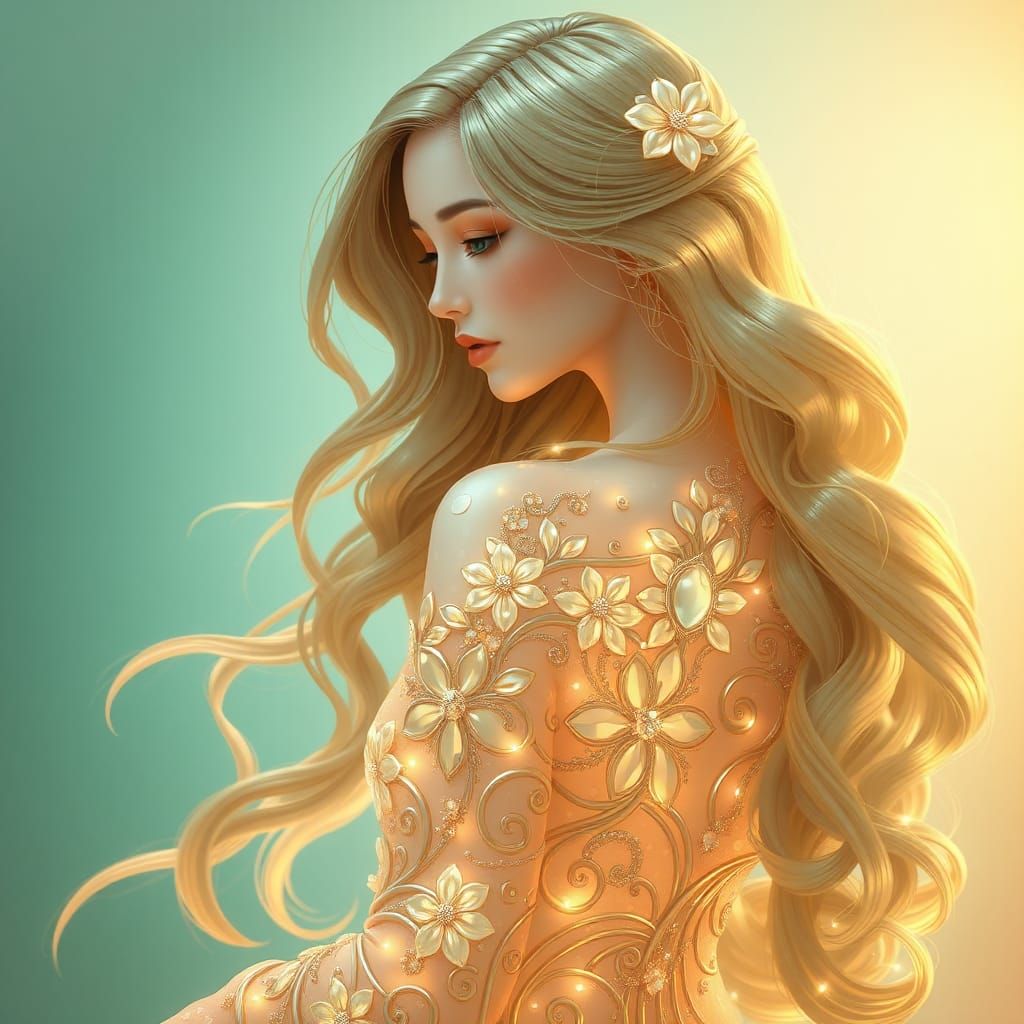 Ethereal Pearl Woman in Art Nouveau Gown