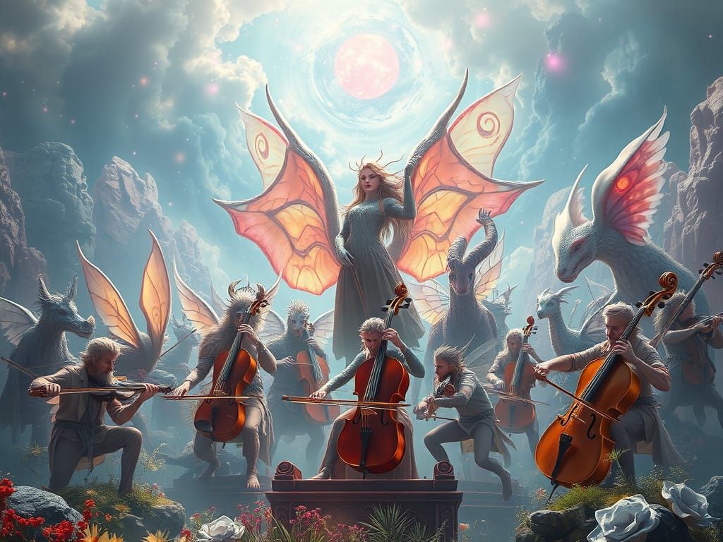 Majestic Mythical Orchestra in Dreamlike Iridescent Landscap...