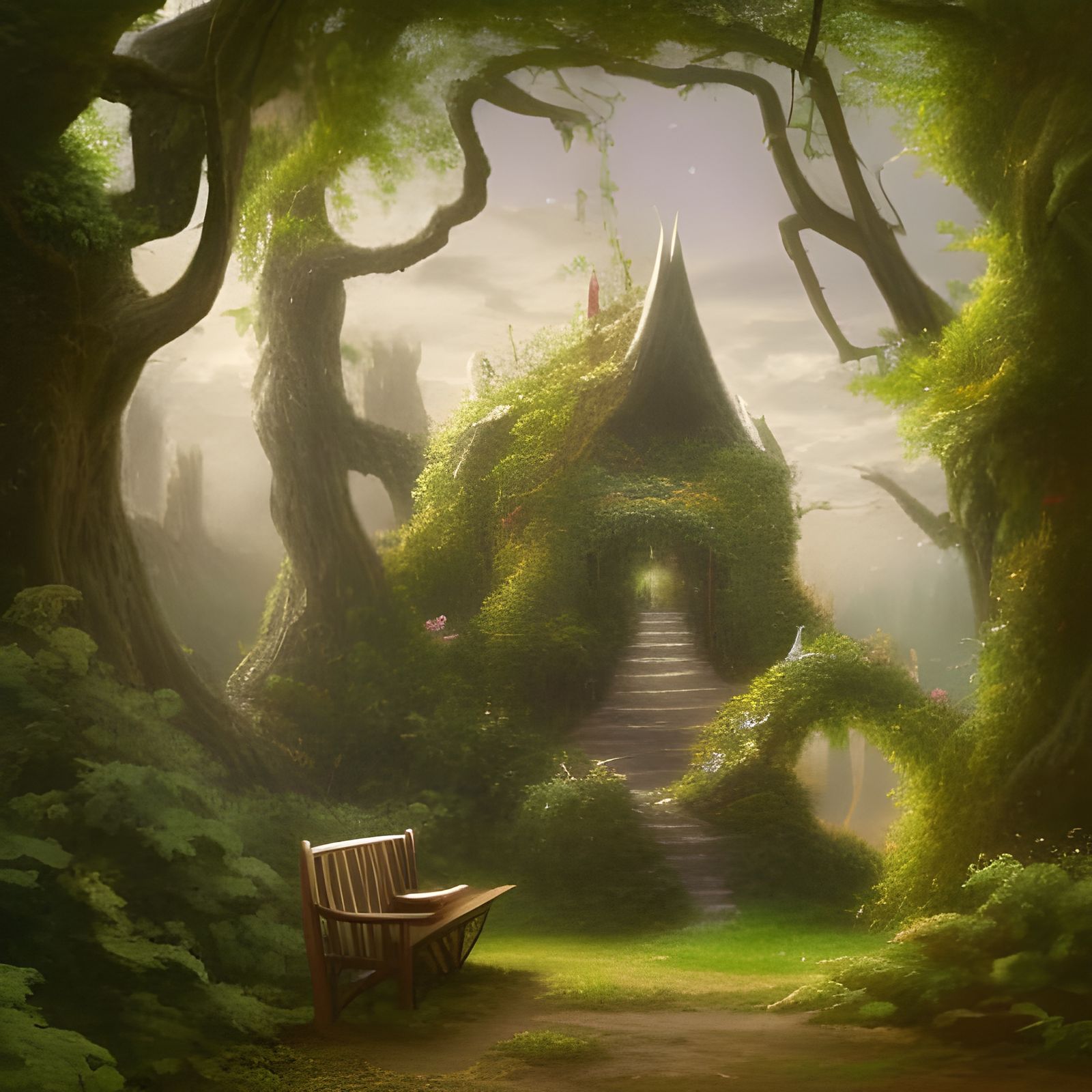 Ivy Pergola Scene with Fur Monster in Fantasy Art