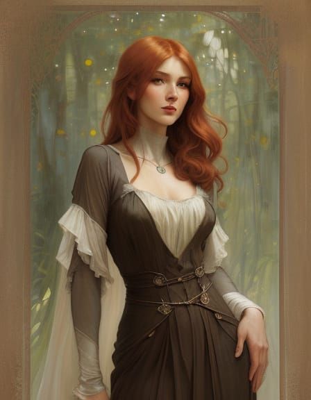 Redhead Pin-Up in Alphonse Mucha and Waterhouse Style