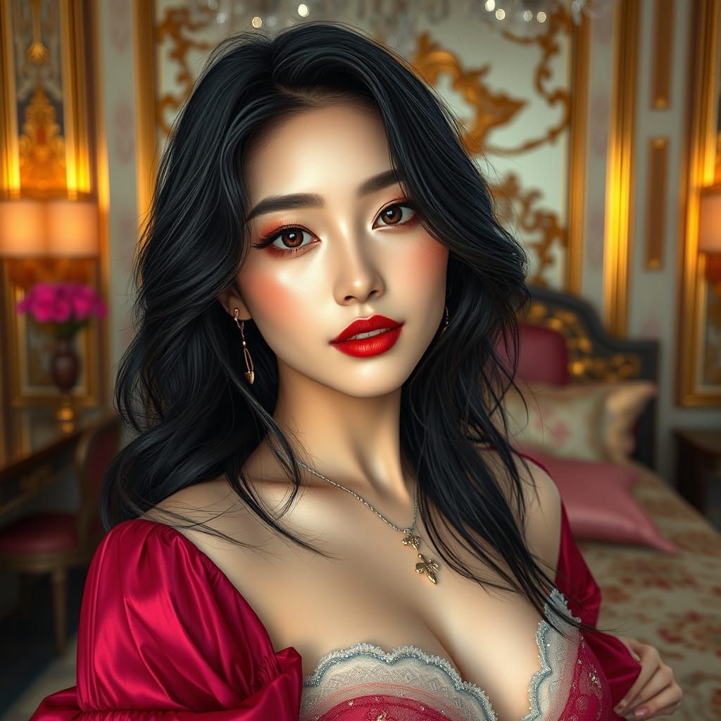 Hyper-Realistic Korean Woman in Luxurious Bedroom