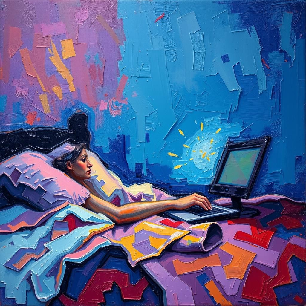 Person in Bed Staring at Computer, Expressionist Oil Paintin...