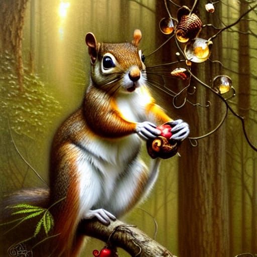 Squirrel with Acorn in Magical Forest, Rococo Style