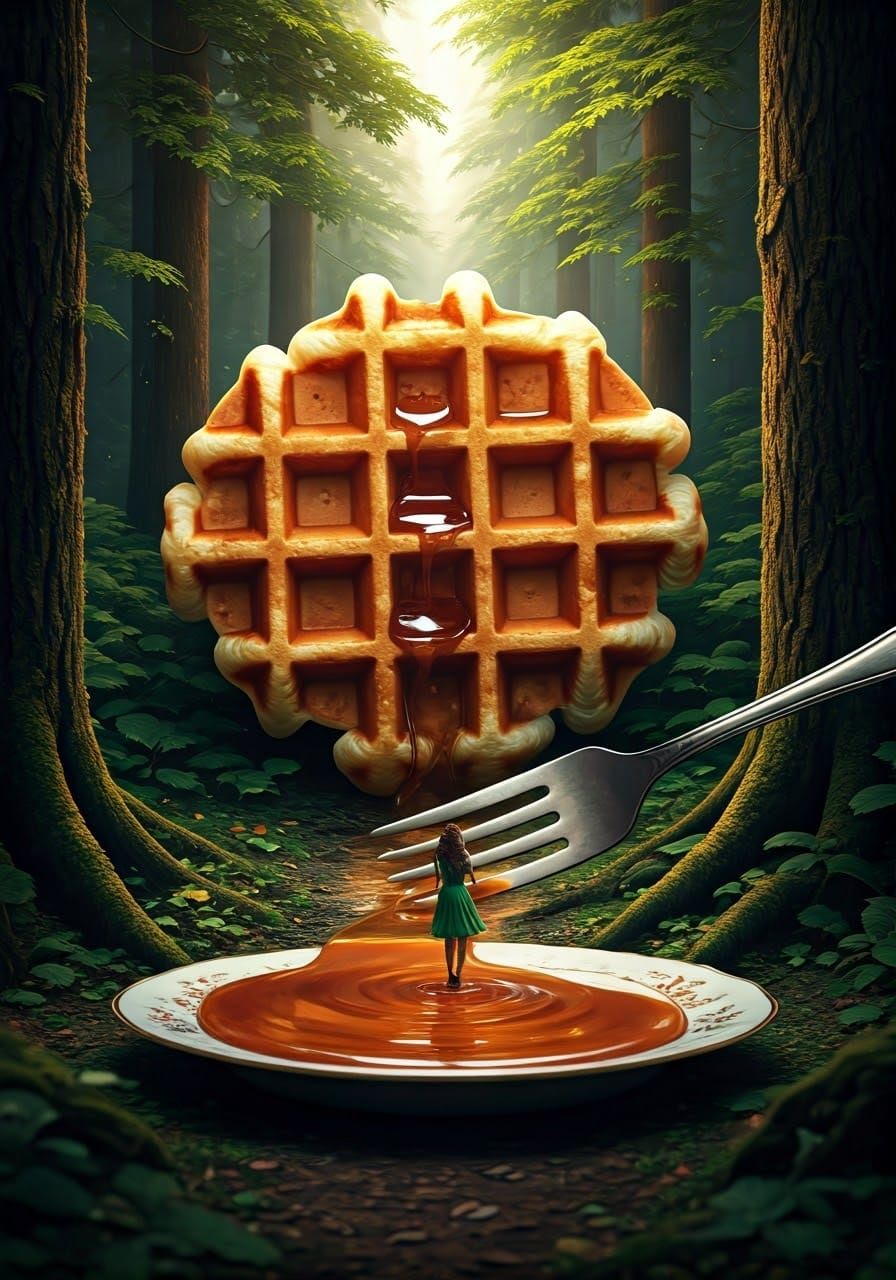 Giant Waffle River in Forest, Photorealistic Style