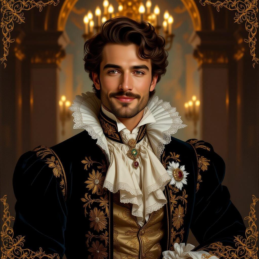 Elegant Courtier with Enigmatic Smile in Art Nouveau Style