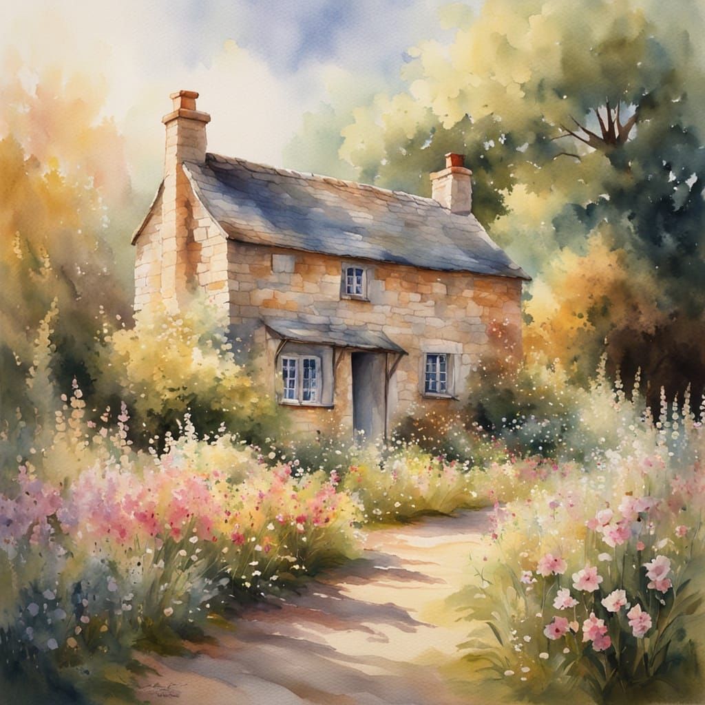 Whimsical Watercolour Cottage Scene in Impressionist Style