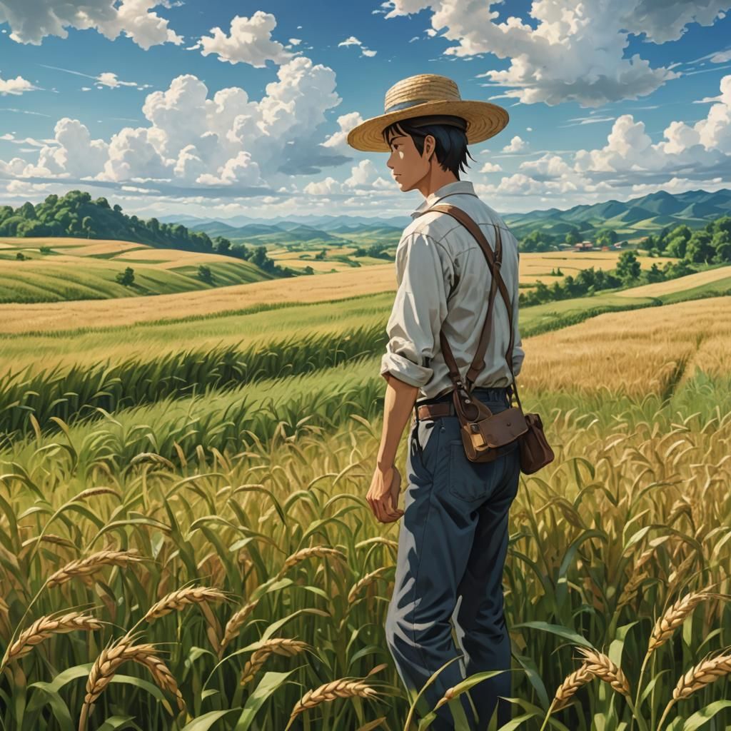 Farmer in Wheat Field: Anime Key Visual