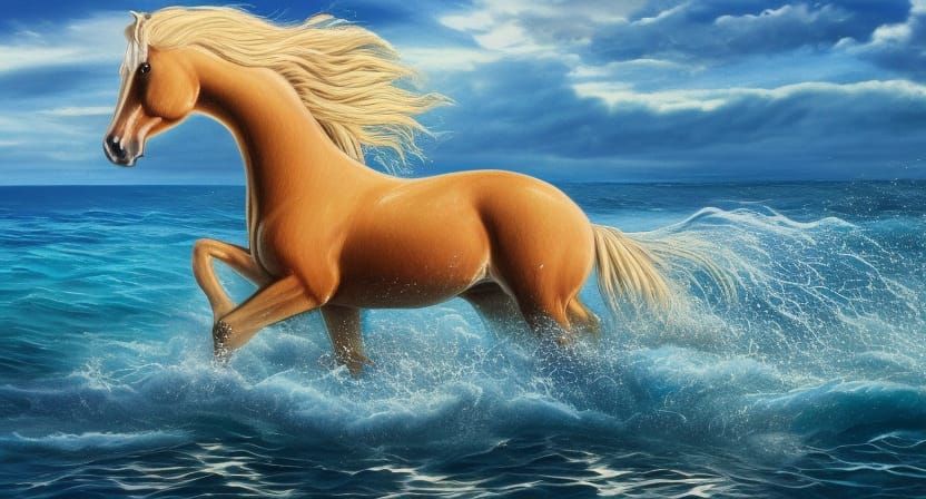 Horse Galloping in Ocean Waves with Golden Light