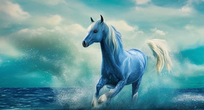 Horse Galloping in Ocean Waves: Teal and Gold Colors