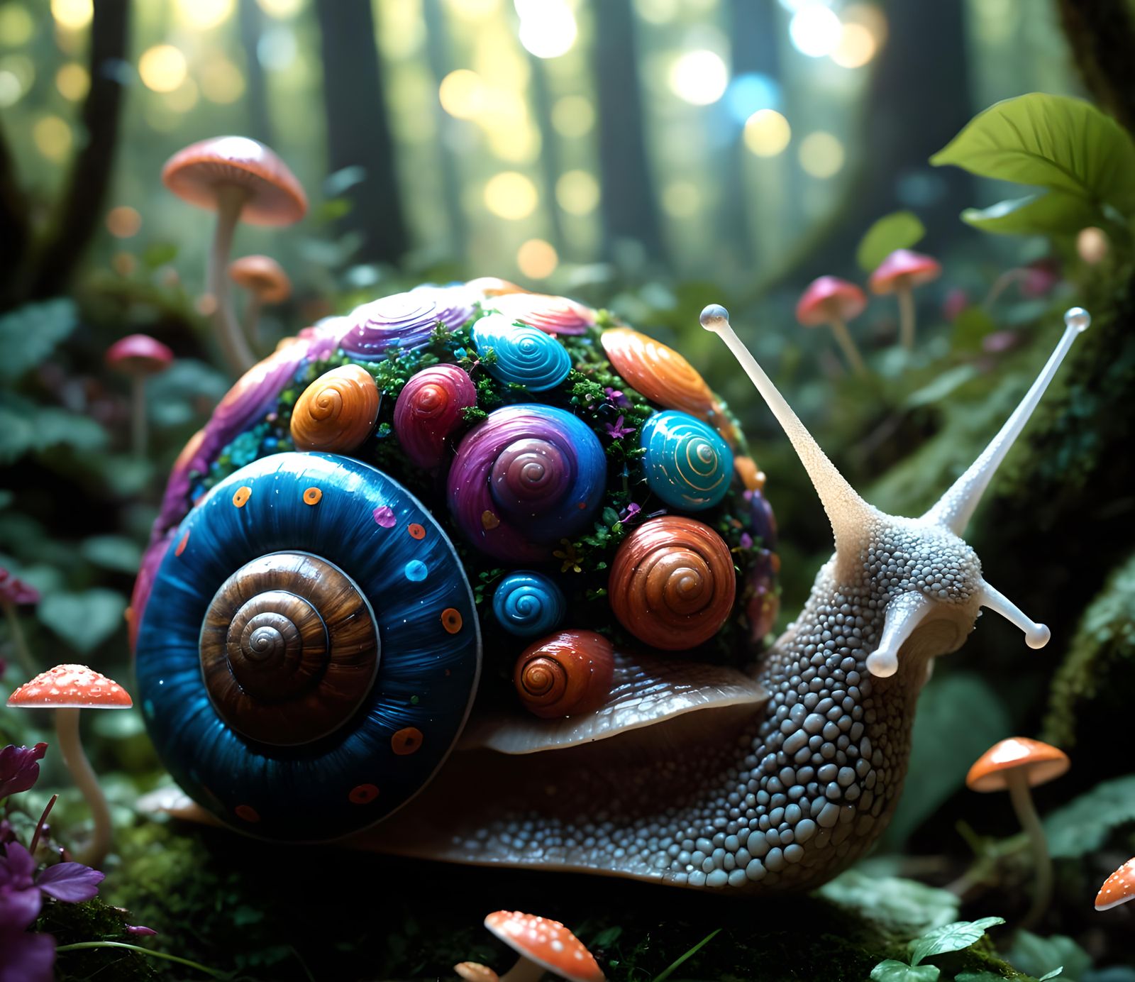 Psychedelic Snail's Glowing Garden in Dense Forest