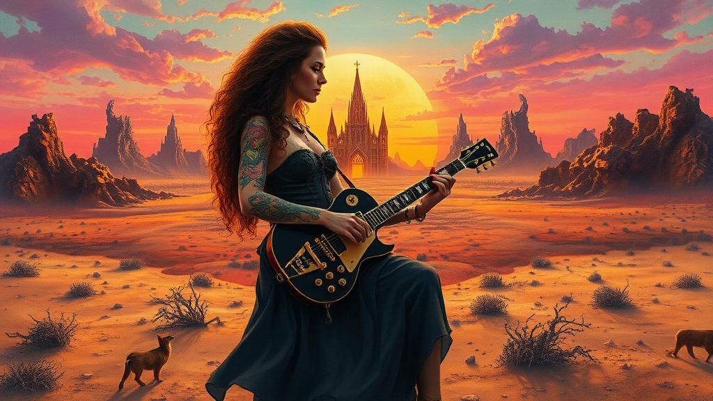Victorian Rocker Plays Guitar at Sunset