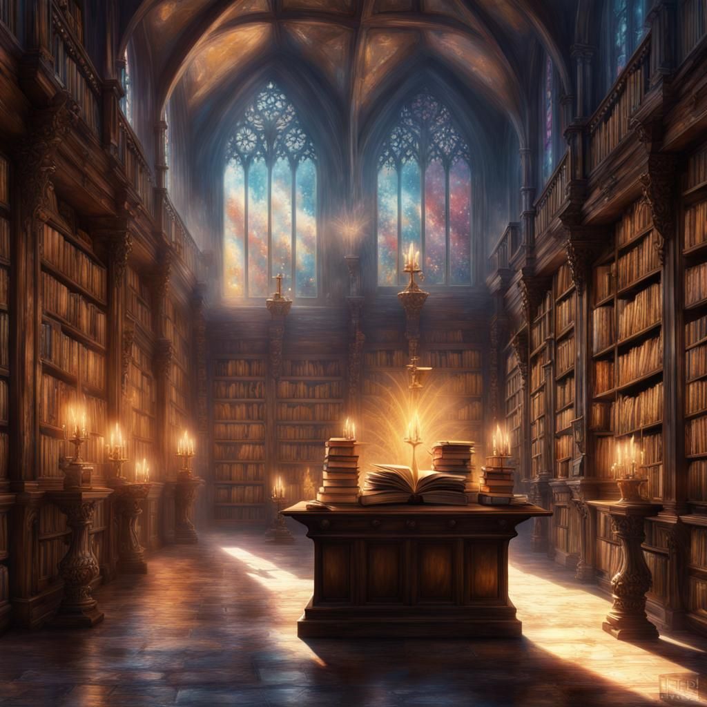 Magical Medieval Library in Watercolor Splash Art