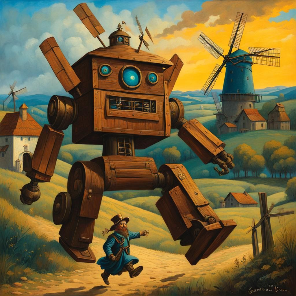 Giant Steampunk Robot Attacks Village: Oil on Canvas