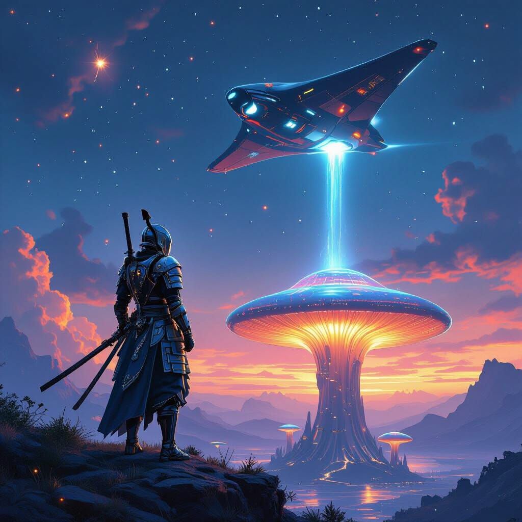 Chrome Samurai Surveys Alien Sky from Giant Mushroom