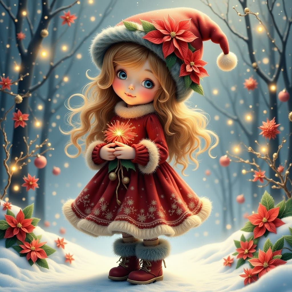 Winter Girl with Glowing Flower in Watercolor Style