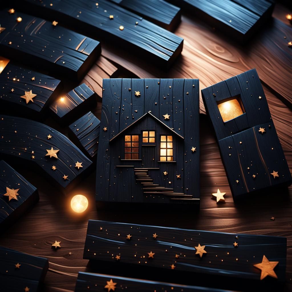 Ebony Wood House Floating in Space: Cinematic Art