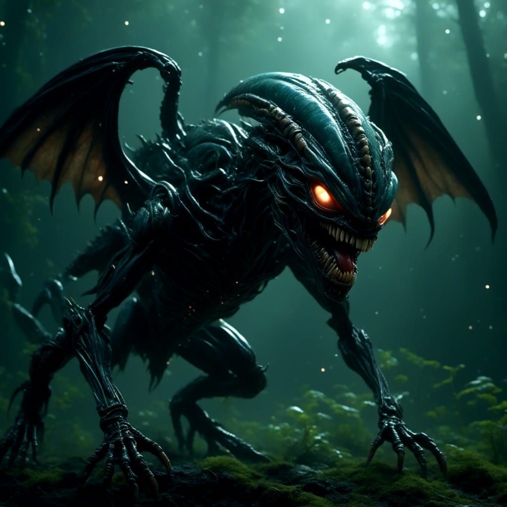 Cute Xenomorph Gremlin Hybrid with Big Eyes