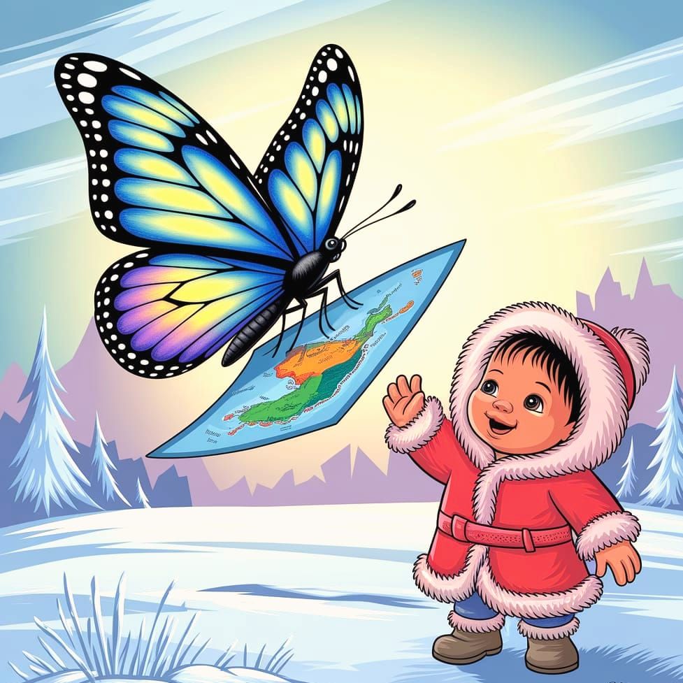 Cartoon Butterfly Guides Inuit Child to Mexico