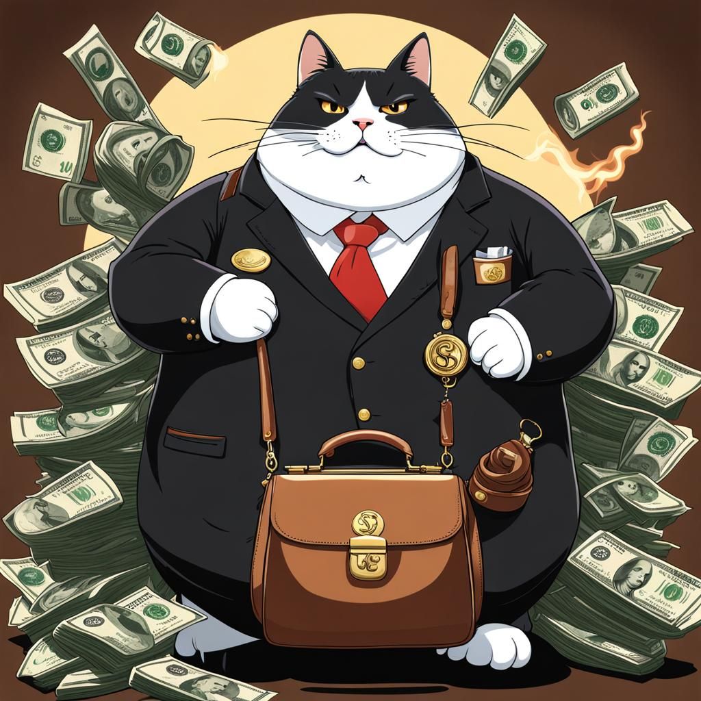 Fat Cat Businessman on Money in Anime Style
