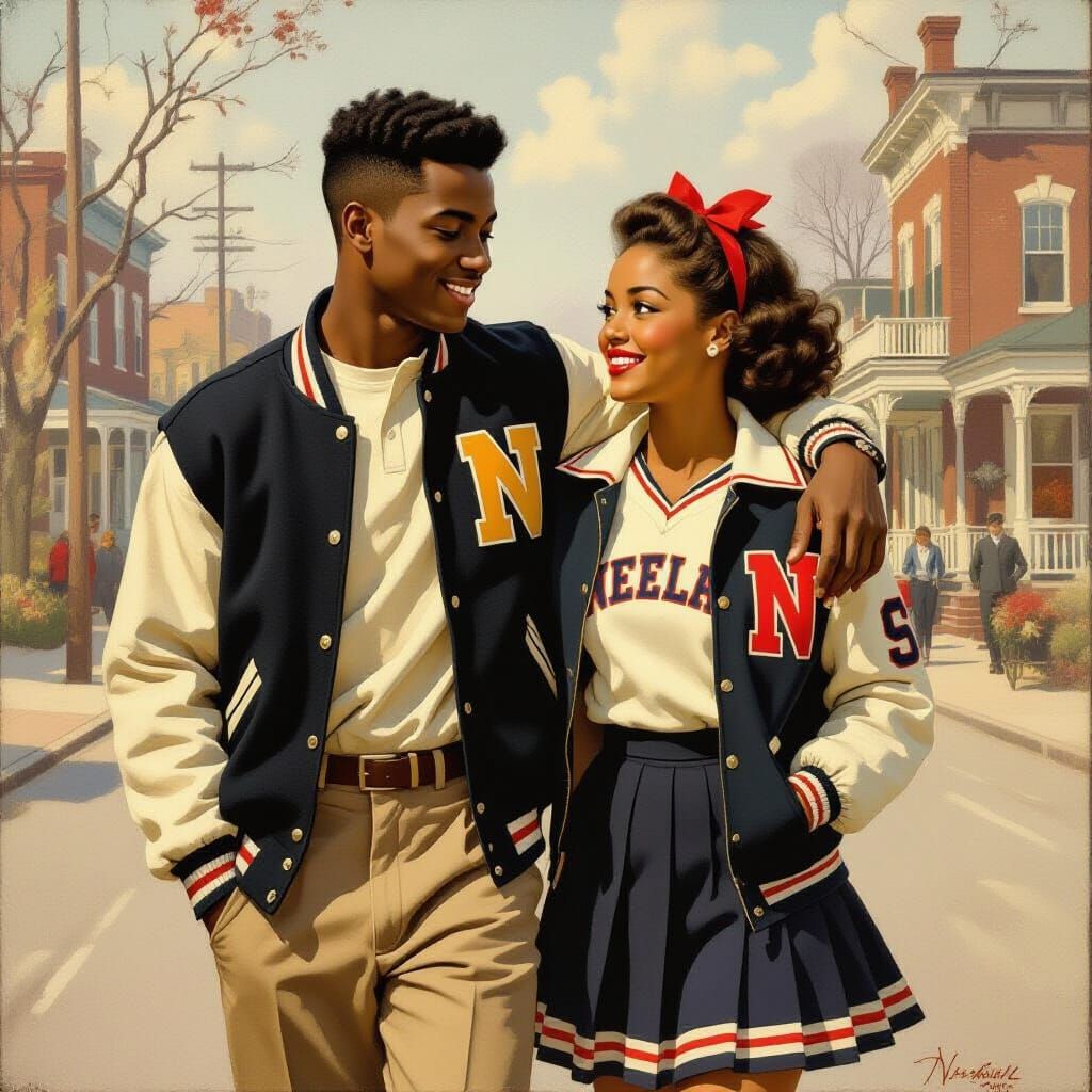 African American Teen Couple in Nostalgic Oil Painting Style