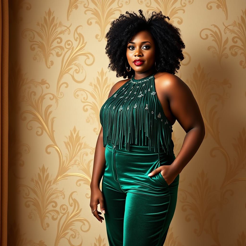 Elegant Plus-Size Woman in Emerald Outfit