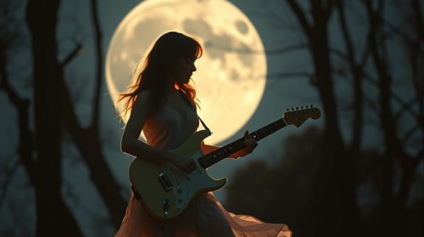 Woman Plays Guitar Under Moonlight