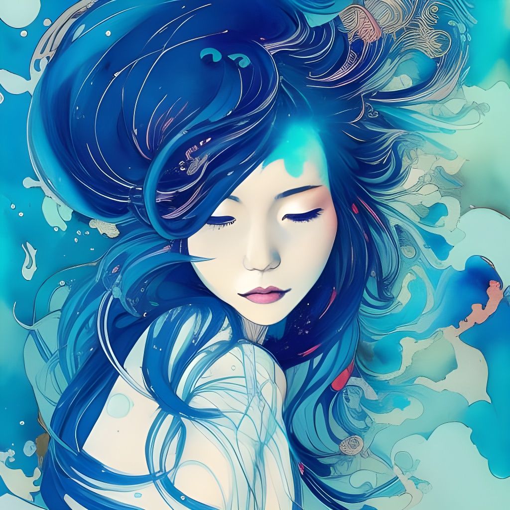 Japanese Girl with Blue Hair, Gouache and Watercolor