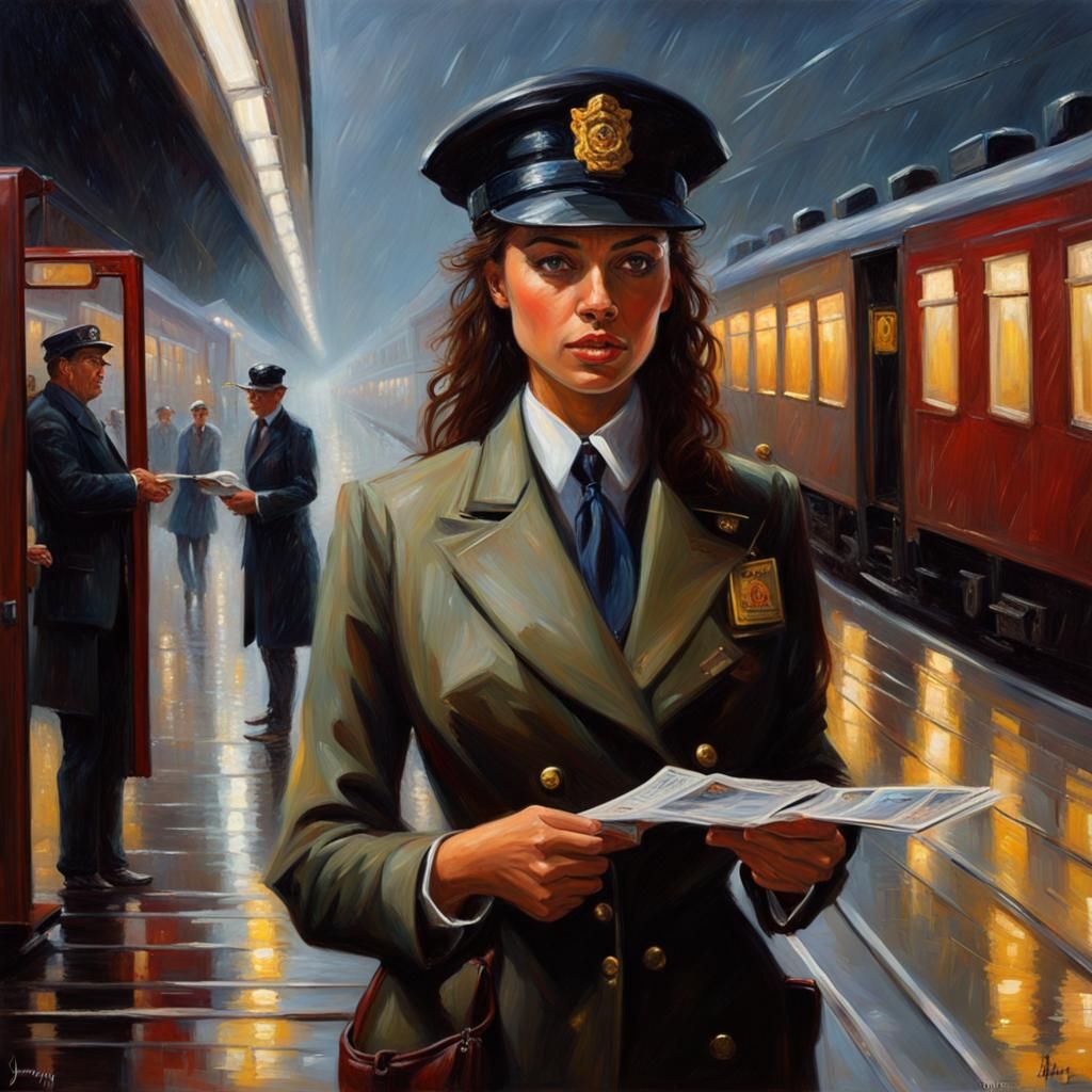 Irina Shayk as Train Conductor, Oil Painting