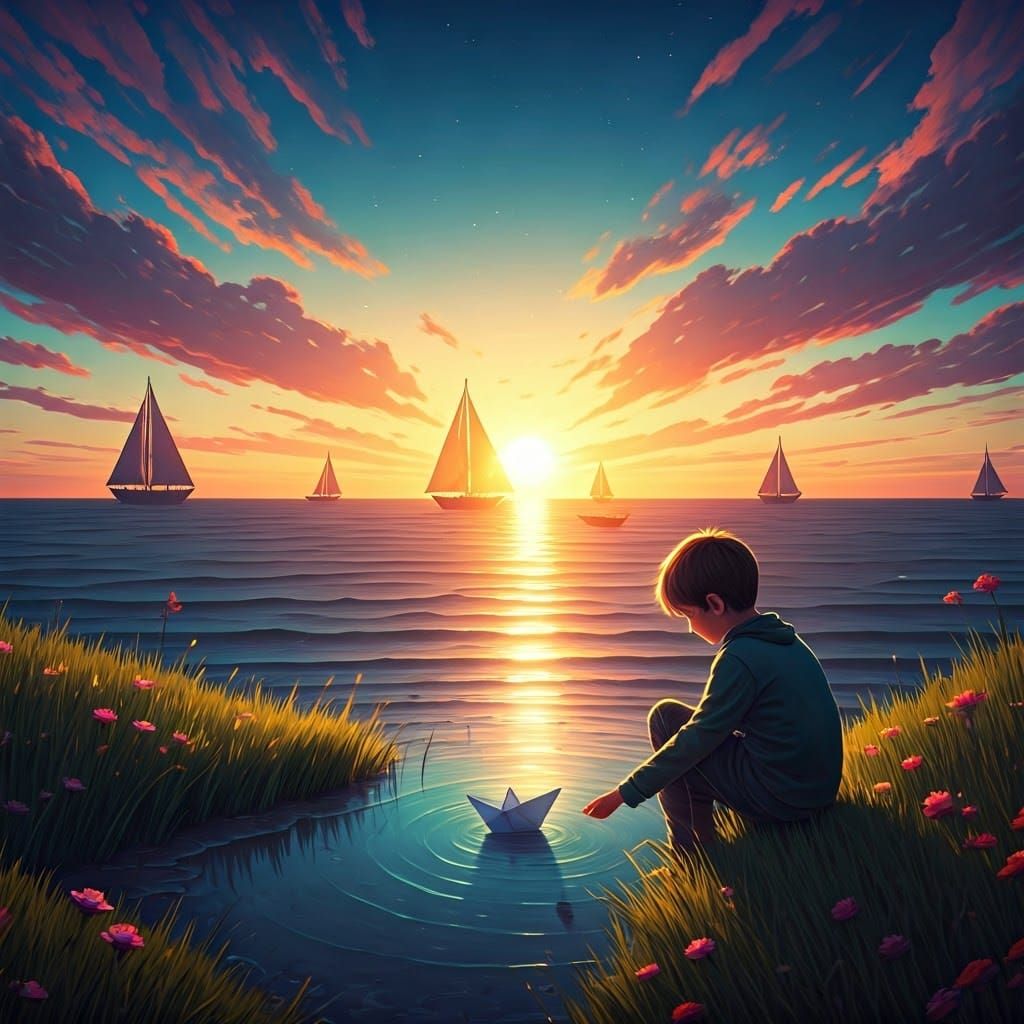 Boy's Dream: Paper Boat on a Spring Day