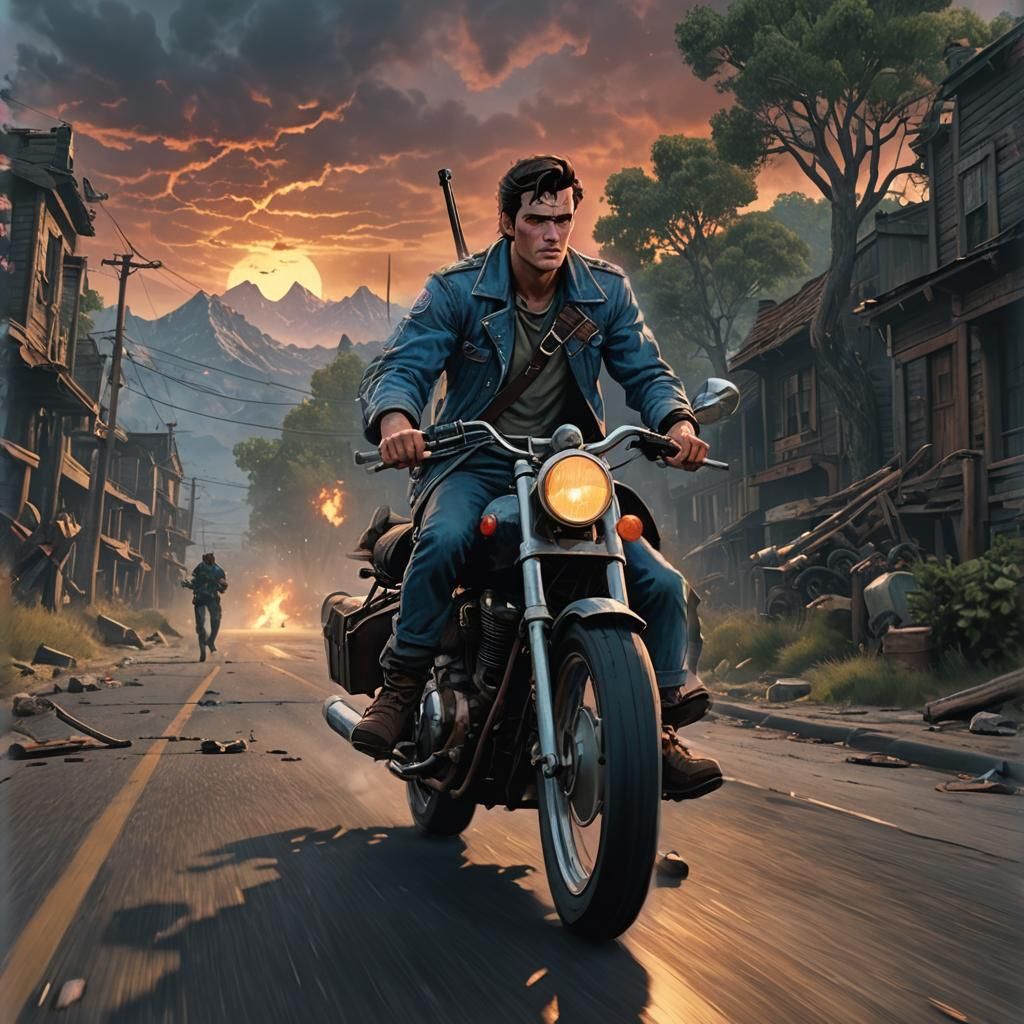 Ash Williams Rides Motorcycle: Fantasy Concept Art