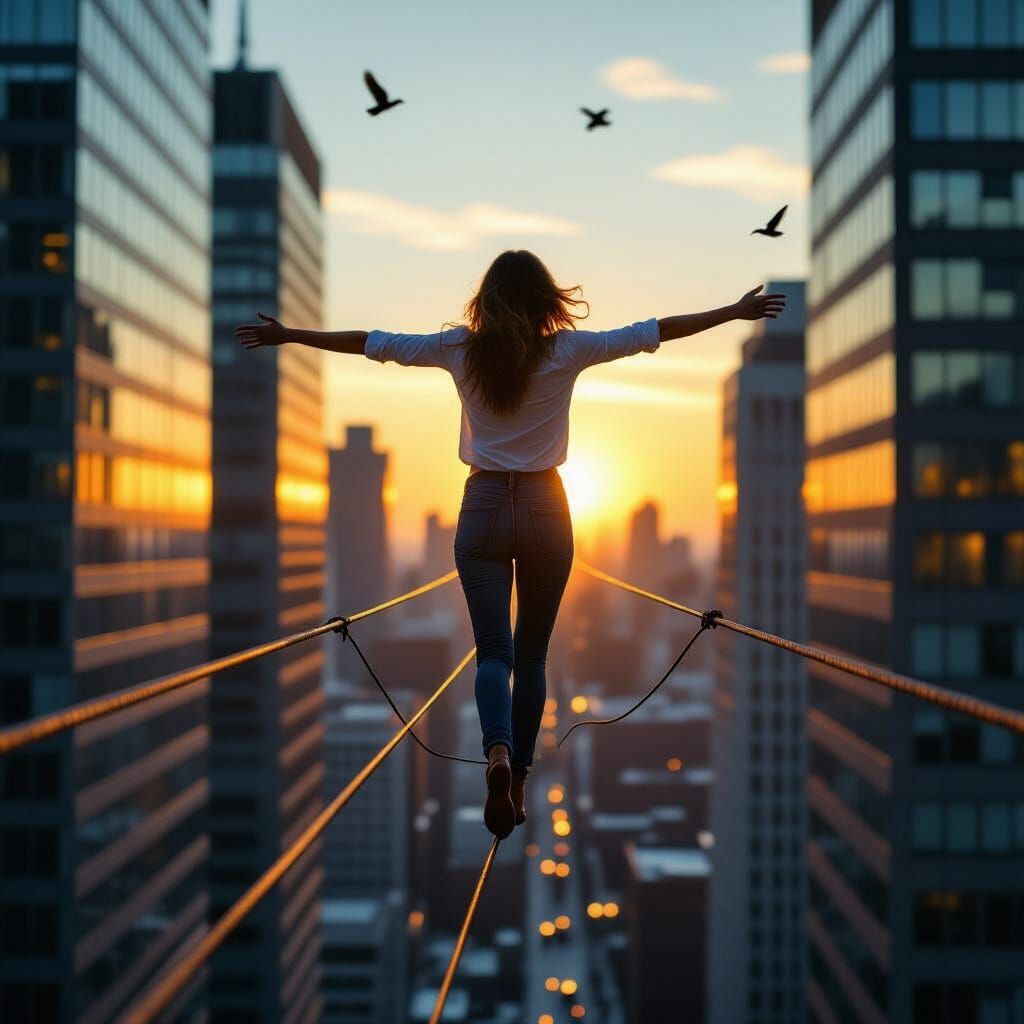 Woman Walks High-Tension Wire in Hyperrealistic Cityscape