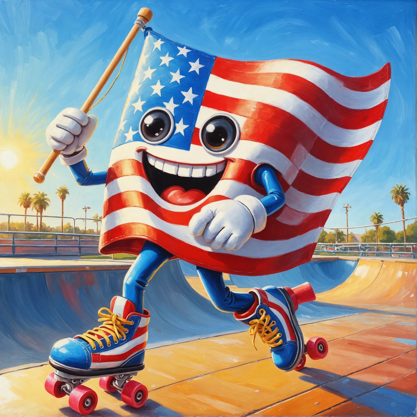 Joyful American Flag Glides Through Skatepark as Oil Paintin...