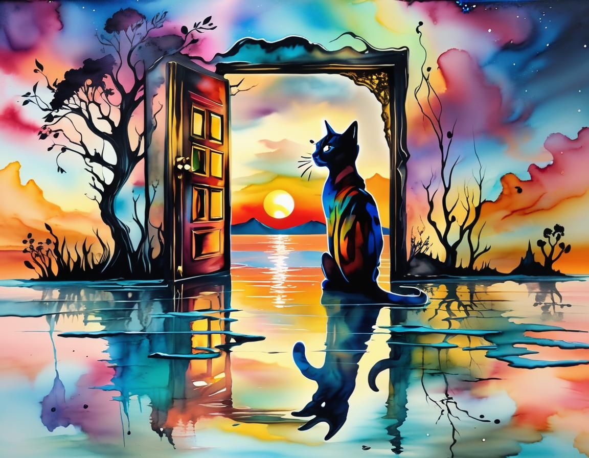 Surreal Sunset Cat Reflection in Dali Style