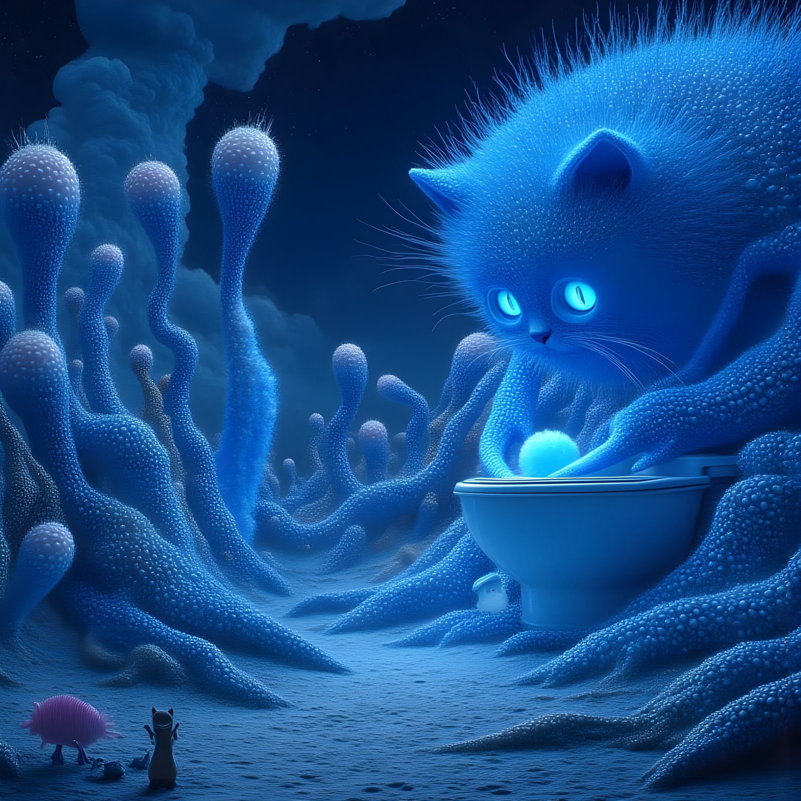 Blue Cat Catches Fish in Surreal Desert