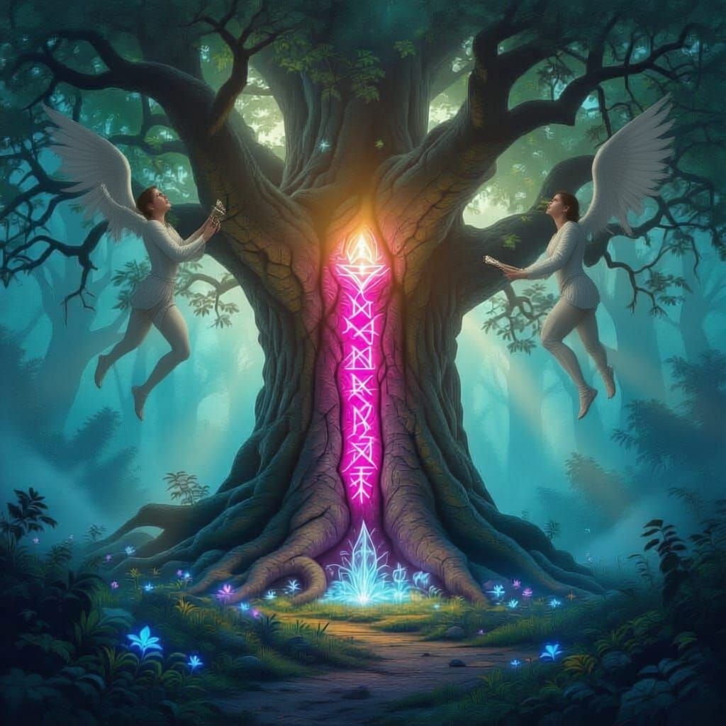 Ancient Mystical Tree with Glowing Runes in Ethereal Forest