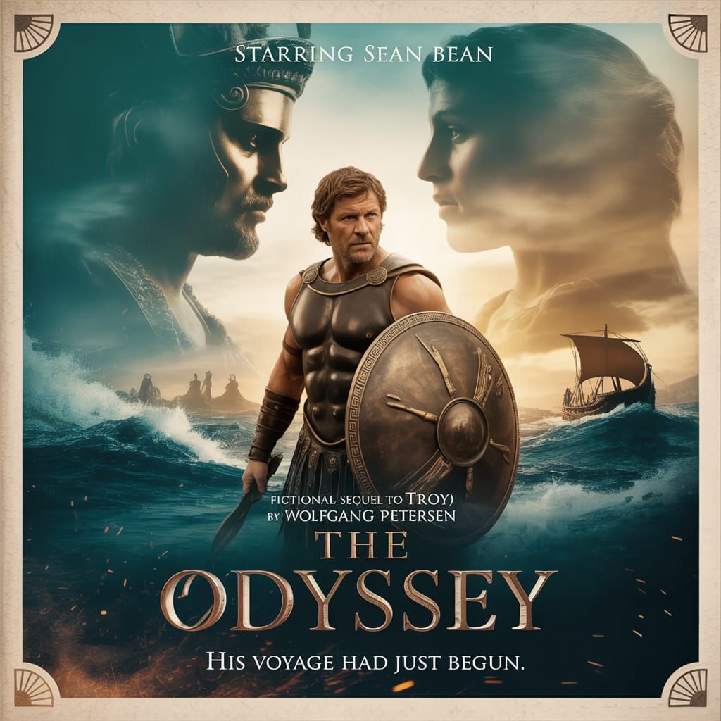 Epic Movie Poster: Odysseus's Voyage in Bronze and Gold
