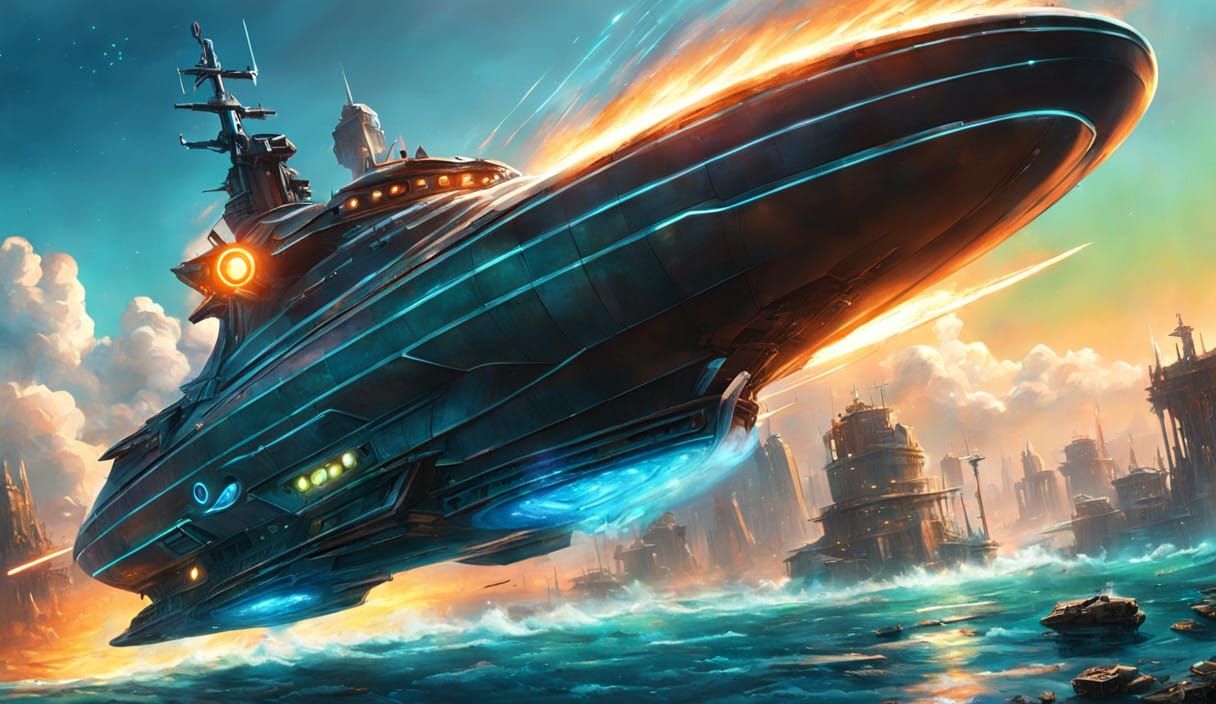 Cyberpunk Sci-Fi Alien Warship Battles Underwater City