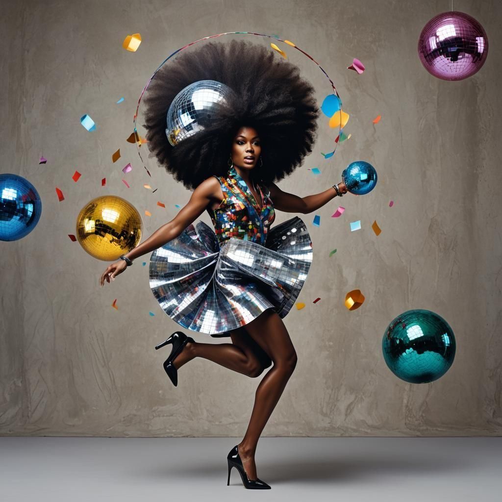 Woman Dancing Under Disco Ball, Studio Portrait