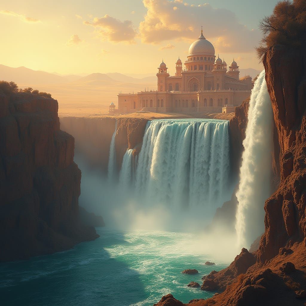 Majestic Desert Palace Beside Golden Hour Waterfalls