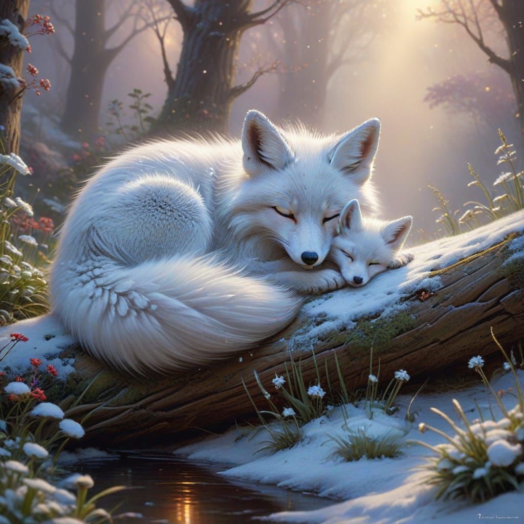 Mother and Baby Snow Fox in Ethereal Fantasy Mist