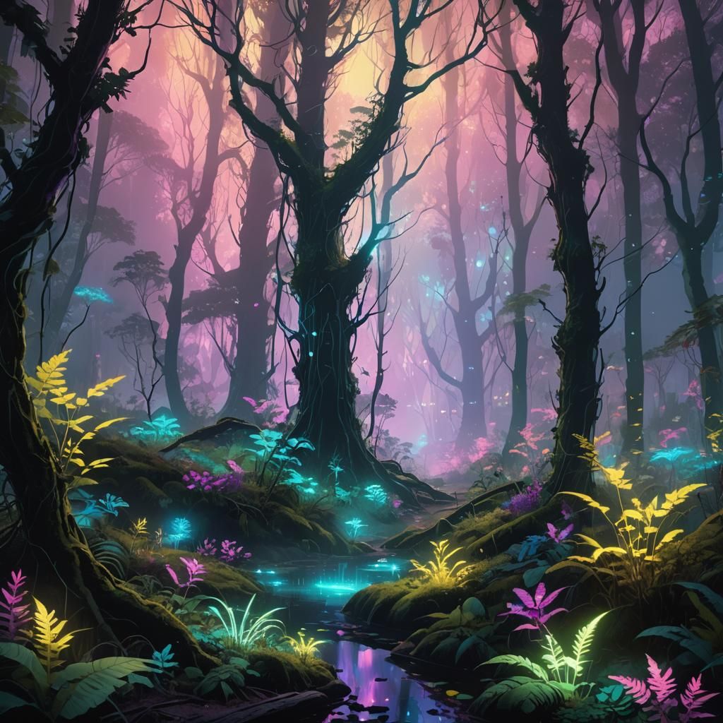 Mystical Iridescent Forest with Bioluminescent Flora