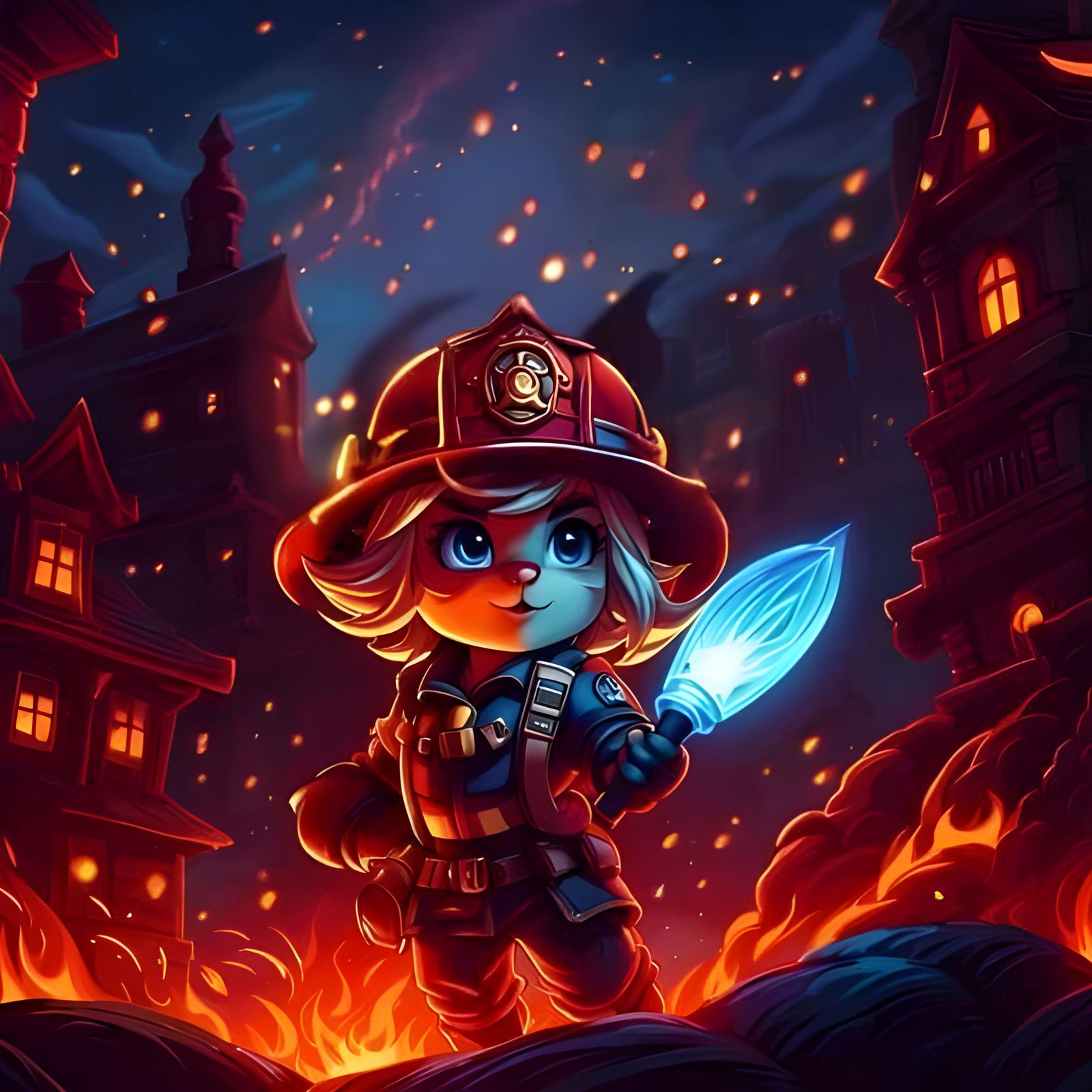 Firefighter in burning city