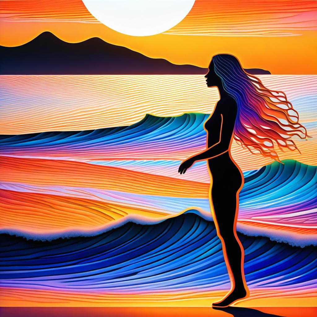 Sunset Shore: Transparent Woman in Hyperrealistic Style
