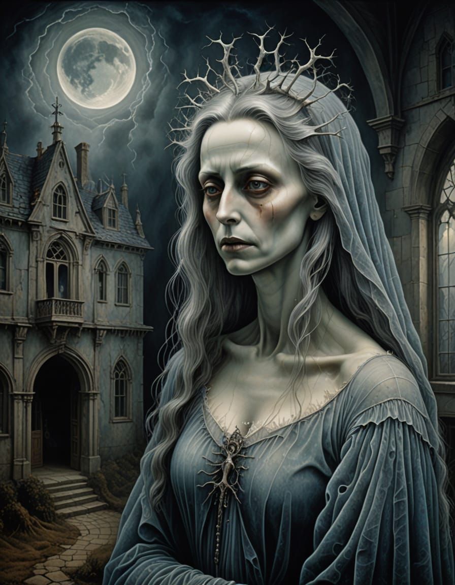 Ghostly Woman in Decaying Mansion, Surrealist Art